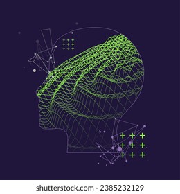 Outline of a human head with an abstract wave. Plexus effect. Handmade vector art. 