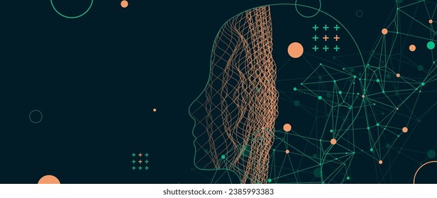 Contorno de una cabeza humana con una onda abstracta. Efecto del plexo. Arte vectorial hecho a mano. 
