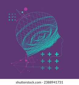 Outline of a human head with an abstract wave. Plexus effect. Handmade vector art. 