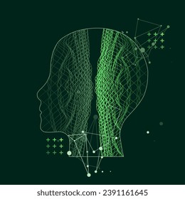 Outline of a human head with an abstract wave. Plexus effect. Handmade vector art. 