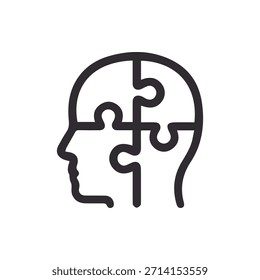 Contorno de uma cabeça humana preenchida com quatro peças de quebra-cabeça interligadas simbolizando o problema do intelecto resolvendo processos mentais e integração cognitiva.