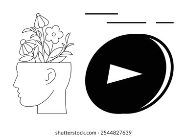 An outline of a human head with flowers growing out symbolizes creativity and growth. Large solid play button next to the head. Ideal for mental health, personal growth, media, technology