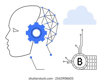 Outline of a human head with a gear symbolizing AI connections. Connected to a blockchain symbol, and complemented by a cloud. Ideal for AI, blockchain, cloud computing, technology integration