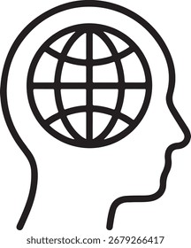 Outline of a human head with a globe inside, symbolizing global thinking, international awareness, and interconnectedness.