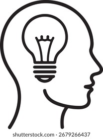 Outline of a human head with a light bulb symbolizing a new idea or inspiration inside.