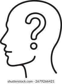 Esquema de una cabeza humana de perfil con un signo de interrogación en el interior, que simboliza confusión, duda o una pregunta.