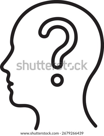 Outline of a human head profile with a question mark inside, symbolizing confusion, doubt, or seeking answers.