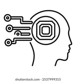 Outline of human head profile receiving data from microchip, symbolizing artificial intelligence