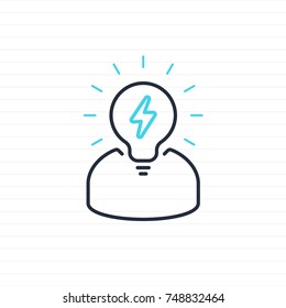 Outline human and idea lamp, creative thinking icon vector. New bright idea form human head, thinking about success solution, lightbulb as creativity metaphor. vector illustration.