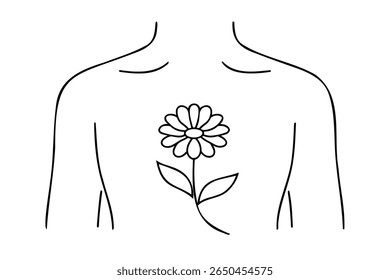 Outline a human torso with a daisy flower centered on the chest a single stem floral