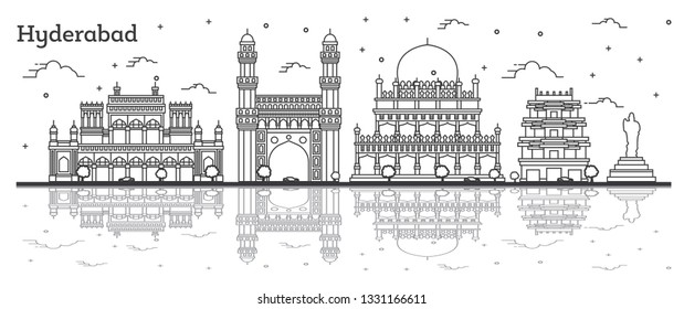 Outline Hyderabad India City Skyline with Historical Buildings and Reflections Isolated on White. Vector Illustration. Hyderabad Cityscape with Landmarks.