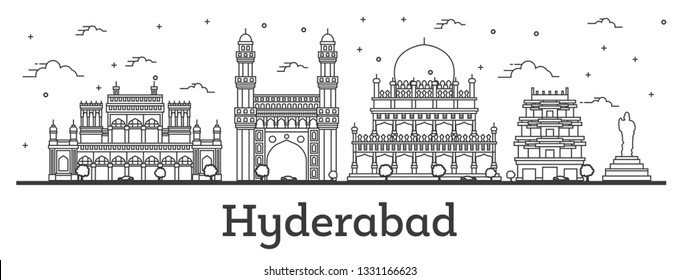 Outline Hyderabad India City Skyline with Historical Buildings Isolated on White. Vector Illustration. Hyderabad Cityscape with Landmarks.