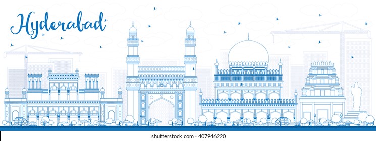 Outline Hyderabad Skyline with Blue Landmarks. Vector Illustration. Business Travel and Tourism Concept with Historic Buildings. Image for Presentation Banner Placard and Web Site.