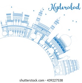 Outline Hyderabad Skyline With Blue Landmarks And Copy Space. Vector Illustration. Business Travel And Tourism Concept With Historic Buildings. Image For Presentation Banner Placard And Web Site.