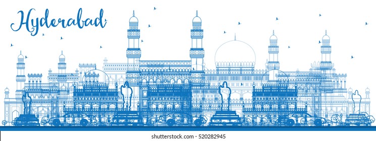 Outline Hyderabad Skyline With Blue Landmarks. Vector Illustration. Business Travel And Tourism Concept With Historic Architecture. Image For Presentation Banner Placard And Web Site.