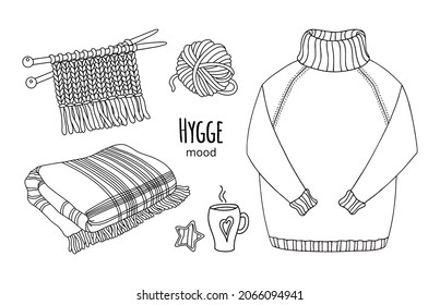 Outline Hygge set. Autumn and Winter season. Wool Sweater, Tartan Plaid, Blanket, Knitting Needles, Yarn, Tea Cup. Cozy Home, Leisure, Warm Clothing. Hand drawn vector elements isolated, coloring