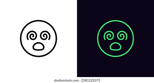 Outline hypnotized emoji icon, with editable stroke. Dizzy emoticon with spiral eyes and open mouth, confused zombie face pictogram. Madness emoji, raving emoticon, psychedelic face. Vector icon