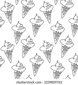 Outline ice cream cone line icon seamless pattern vector. Trendy linear backdrop. Abstract continuous illustration. Wallpaper, background, print, wrapping paper or package design.