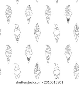 Outline of ice cream in a continuous line style on a white background. Seamless pattern. Summer doodle illustration for menus, invitations, flyers, fabric print
