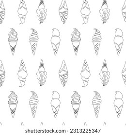 Outline of ice cream in a continuous line style on a white background. Seamless pattern. Summer doodle illustration for menus, invitations, flyers, fabric print