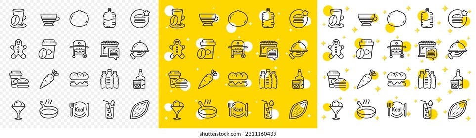 Outline Ice cream, Cooler bottle and Cocoa nut line icons pack for web with Mocha, Whiskey glass, Burger line icon. Water glass, Calories, Gingerbread man pictogram icon. Water bottles. Vector