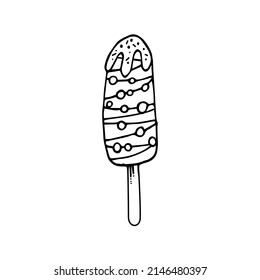 Outline ice cream icon of frozen cream dessert, waffle cone, caramel Eskimo or chocolate icing with nuts, whipped cream and popsicles, fresh vanilla scoops. Hand-drawn cartoon style sweet dessert.