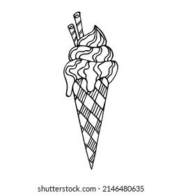 Outline ice cream icon of frozen cream dessert, waffle cone, caramel Eskimo or chocolate icing with nuts, whipped cream and popsicles, fresh vanilla scoops. Hand-drawn cartoon style sweet dessert.