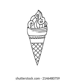 Outline ice cream icon of frozen cream dessert, waffle cone, caramel Eskimo or chocolate icing with nuts, whipped cream and popsicles, fresh vanilla scoops. Hand-drawn cartoon style sweet dessert.