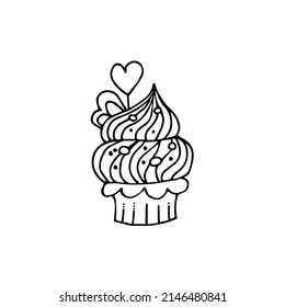 Outline ice cream icon of frozen cream dessert, waffle cone, caramel Eskimo or chocolate icing with nuts, whipped cream and popsicles, fresh vanilla scoops. Hand-drawn cartoon style sweet dessert.