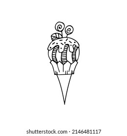 Outline ice cream icon of frozen cream dessert, waffle cone, caramel Eskimo or chocolate icing with nuts, whipped cream and popsicles, fresh vanilla scoops. Hand-drawn cartoon style sweet dessert.