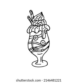 Outline ice cream icon of frozen cream dessert, waffle cone, caramel Eskimo or chocolate icing with nuts, whipped cream and popsicles, fresh vanilla scoops. Hand-drawn cartoon style sweet dessert.