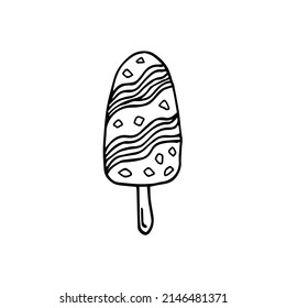 Outline ice cream icon of frozen cream dessert, waffle cone, caramel Eskimo or chocolate icing with nuts, whipped cream and popsicles, fresh vanilla scoops. Hand-drawn cartoon style sweet dessert.