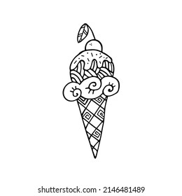 Outline ice cream icon of frozen cream dessert, waffle cone, caramel Eskimo or chocolate icing with nuts, whipped cream and popsicles, fresh vanilla scoops. Hand-drawn cartoon style sweet dessert.