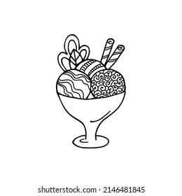 Outline ice cream icon of frozen cream dessert, waffle cone, caramel Eskimo or chocolate icing with nuts, whipped cream and popsicles, fresh vanilla scoops. Hand-drawn cartoon style sweet dessert.