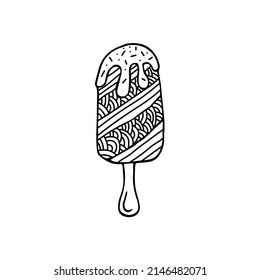 Outline ice cream icon of frozen cream dessert, waffle cone, caramel Eskimo or chocolate icing with nuts, whipped cream and popsicles, fresh vanilla scoops. Hand-drawn cartoon style sweet dessert.