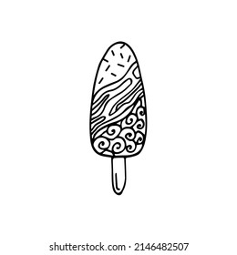 Outline ice cream icon of frozen cream dessert, waffle cone, caramel Eskimo or chocolate icing with nuts, whipped cream and popsicles, fresh vanilla scoops. Hand-drawn cartoon style sweet dessert.