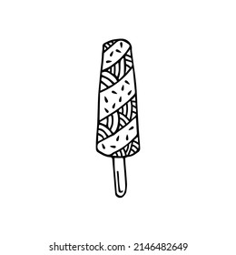 Outline ice cream icon of frozen cream dessert, waffle cone, caramel Eskimo or chocolate icing with nuts, whipped cream and popsicles, fresh vanilla scoops. Hand-drawn cartoon style sweet dessert.