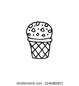 Outline ice cream icon of frozen cream dessert, waffle cone, caramel Eskimo or chocolate icing with nuts, whipped cream and popsicles, fresh vanilla scoops. Hand-drawn cartoon style sweet dessert.