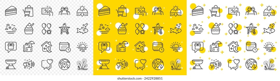 Outline Ice cream, Luggage insurance and Sleep line icons pack for web with Pin, Give present, Heart line icon. Balloon dart, Fireworks, Fish pictogram icon. Gas grill, Sale megaphone, Cake. Vector