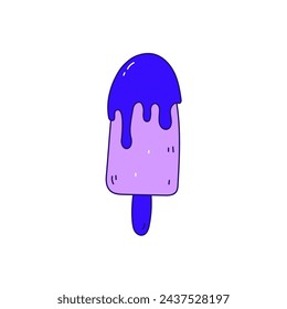 Outline ice cream melting food vector illustration. Hand drawn frozen purple popsicle dessert doodle icon. Isolated element on white background