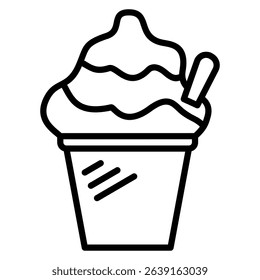 Outline of ice cream with a spoon served in a cup is shown for decoration.