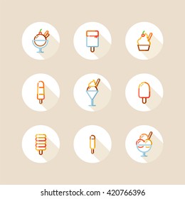 outline ice cream and sundae colorful icon set with long shadow
