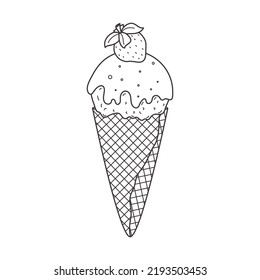 Outline ice cream in a waffle cone with icing, glaze and strawberry. Summer sweet food. Delicious frozen dessert. Vector linear doodle Hand drawn black and white illustration isolated on white