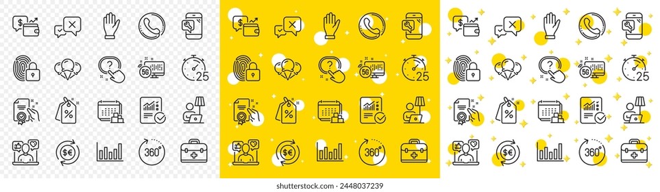 Outline Ice creams, Wallet and Phone repair line icons pack for web with Question button, Timer, Certificate line icon. Reject, Money currency, Column chart pictogram icon. 5g internet. Vector