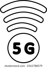 outline icon 5G network technology. Features a wireless signal with '5G' text, symbolizing next-generation internet speed and connectivity