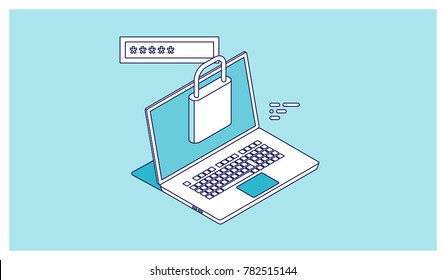 Outline Icon Of Access User Account, Authorization Login With Password, Laptop And Lock - Data Security Isometric Vector Illustration