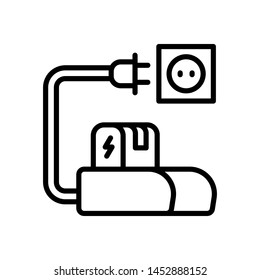 Outline icon accumulator charging. Vector modern stroke pictogram of screwdriver or drill battery is charging from the mains. Concept bold outline symbol, isolated on white background.
