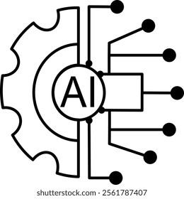 outline icon AI-powered automation. Features a gear with 'AI' text and circuit connections, symbolizing artificial intelligence-driven processes.