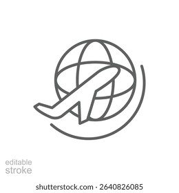 Outline Icon of Aircraft Flying Across Earth Editable Stroke Thin Line for Worldwide Journey and Air Transport