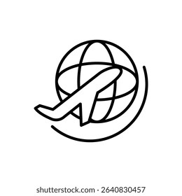 Outline Icon of Aircraft Flying Across Earth Thin Line for Worldwide Journey and Air Transport